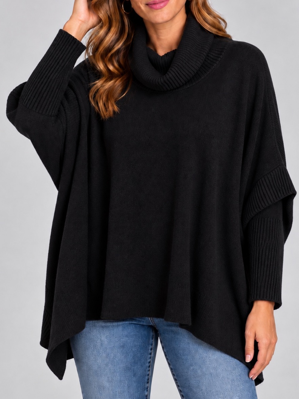Cozy Navy Cowl-Neck Poncho Sweater